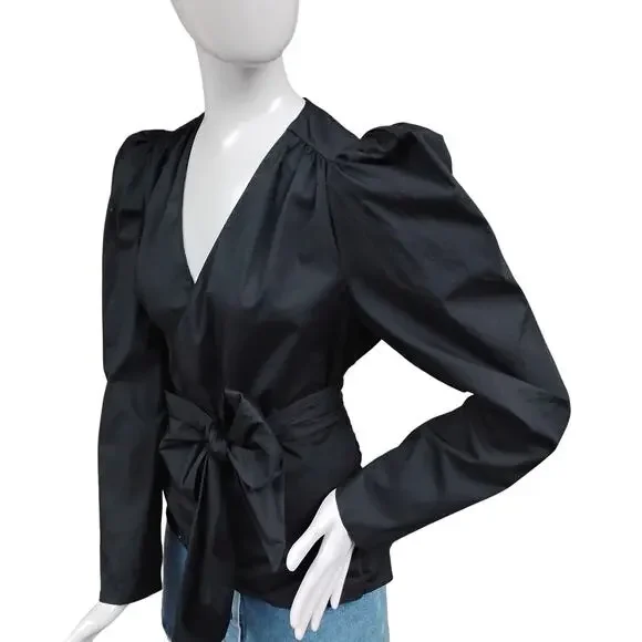 Zara Poplin Mock Wrap Blouse Size XL Black Long Puffy Sleeves Tie at the Waist - Picture 1 of 9